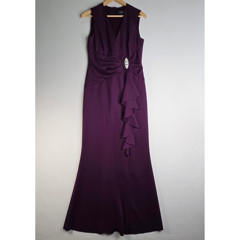 Jessica Howard Plum Purple Ruffle Rhinestone Brooch Evening Gown Dress 10P